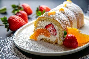 Sponge roll with cream, strawberries, and orange fruits on a white plate against a wooded table background. Homemade food.