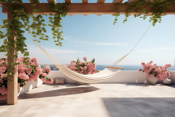 Outdoor roof terrace with hammock and potted plants overlooking the sky and sea - obrazy, fototapety, plakaty