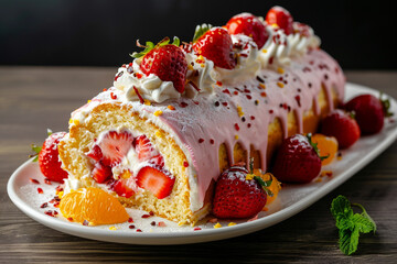 Sponge roll with cream, strawberries, and orange fruits on a white plate against a wooded table background. Homemade food.
