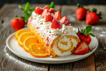 Sponge roll with cream, strawberries, and orange fruits on a white plate against a wooded table background. Homemade food.
