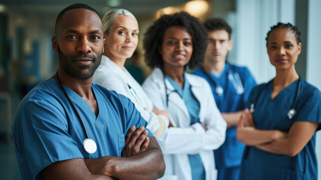 Diverse group of medical professionals, with a doctor in a white lab coat and stethoscope at the forefront, smiling at the camera.