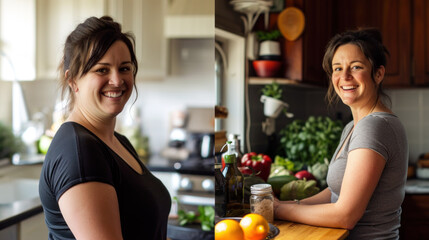Healthy Lifestyle Transformation: Before and After. Side-by-side images showcasing a woman's weight loss journey, smiling confidently in kitchen, surrounded by healthy food choices. - obrazy, fototapety, plakaty
