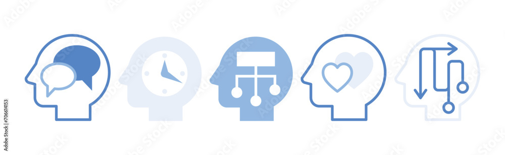 Sticker blue head with brain as icon of imagination and mind power vector set