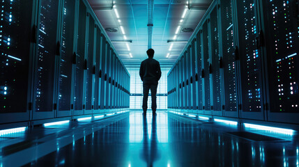 Silhouette of a person standing in the middle of a data center aisle, flanked by server racks with glowing lights