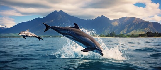 Dolphins gracefully leaping in Hawaiian Pacific nature.