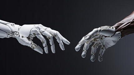 White robotic hand with glowing light arm-wrestles human hand