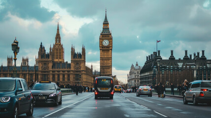 London Big Ben and traffic on Westminster Bridge - obrazy, fototapety, plakaty