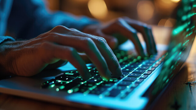 Close-up of a person's hands typing on a laptop keyboard