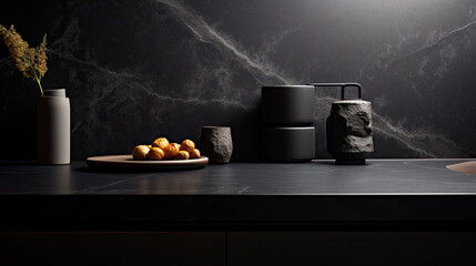 Matte black granite subtle lighting for luxury kitchen items - obrazy, fototapety, plakaty