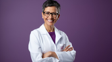 Professional woman with short hair wearing glasses and a white lab coat , smiling confidently with her arms crossed, against a colored background. - obrazy, fototapety, plakaty