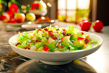 Waldorf salad on a white plate, with lettuce, and apples, on top of a marble table, with some fruits in the background, in daylight