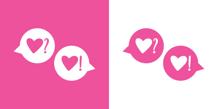 Logo de propuesta de matrimonio. Silueta de 2 corazones en burbuja de habla con s&iacute;mbolo interrogaci&oacute;n y s&iacute;mbolo aviso