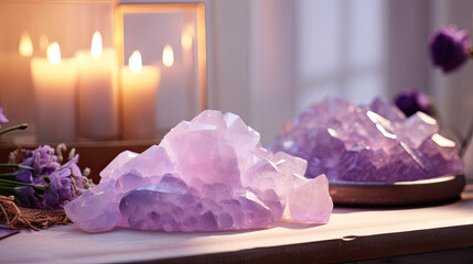 Amethyst crystal display with LED glow lavender for wellness