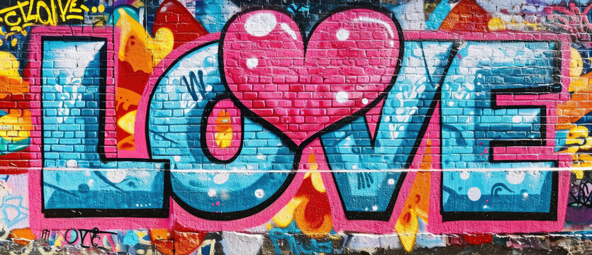 Generative AI, Colorful word Love with hearts as graffiti love symbol on the wall, street art. Melted paint.	
