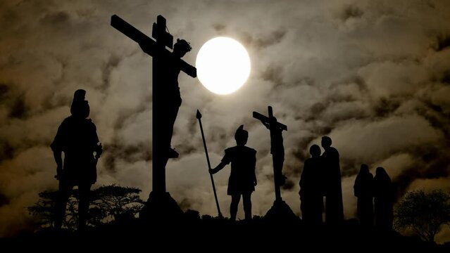 Crucifixion Of Jesus Christ on calvary hill by Night with Dark Atmosphere, Fog, Smoke, and Full Moon