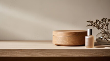 Understated oak podium perfect for natural skincare products - obrazy, fototapety, plakaty