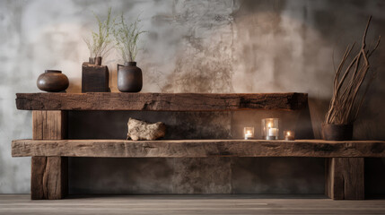 Natural wood podium subtle light for artisanal product presentation