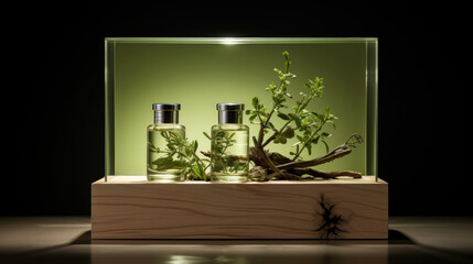 Acrylic display with wood base LED glow sage for wellness products