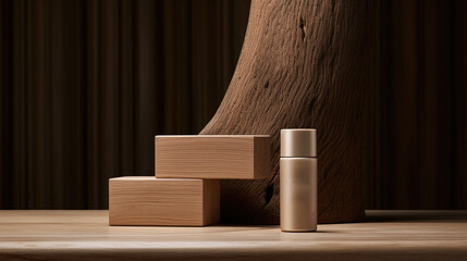 Fototapeta na wymiar Elegant ash wood pedestal ideal for skincare product showcase
