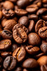 Naklejka premium Roasted coffee beans close-up, aromatic freshness. Suitable for food and beverage marketing. 