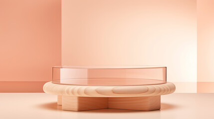 Fototapeta na wymiar Simple clear podium wood accents peach for calming products