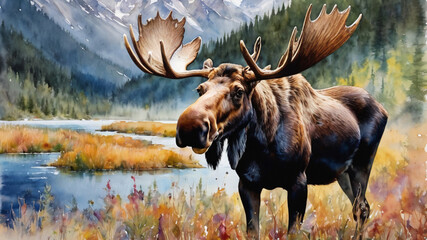 moose, mountains, double exposure, watercolor art