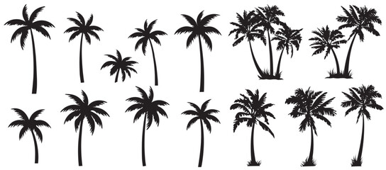 Black palm tree set vector illustration isolated on white background silhouette art black white stock illustration logo icon png. tropical, beach, landscape, pattern, paradise, coconut background - obrazy, fototapety, plakaty