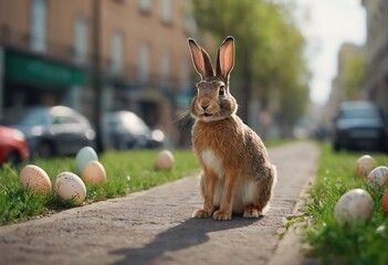 gray rabbits in the grass among colored eggs at sunset or sunrise. Spring or summer sunny day outdoors.
