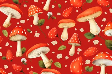 Pattern of strawberry mushrooms. Generative AI