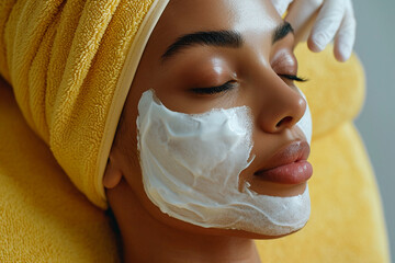 portrait of a young black woman in a beauty spa with an anti-aging cream on her face