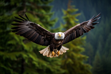 Fototapeta premium Bald eagle, Haliaeetus leucocephalus, in flight with nature background