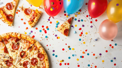 Pizza party graphic banner with balloons and confetti - copyspace