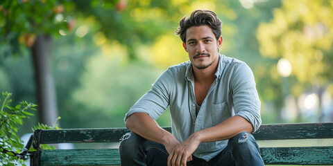man in casual attire, light grey henley shirt, dark denim jeans, sitting on a park bench