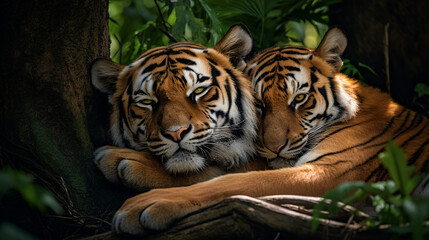 Two Tigers show snuggle in Love, AI Generative.