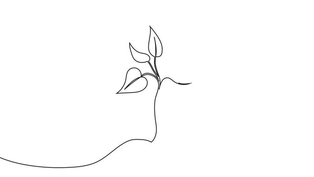 Leaves motion in continuous line drawing style. Plant branch one line art.