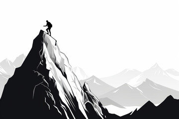 illustration of a silhouette of a mountain climber on a top of a mountain  - obrazy, fototapety, plakaty
