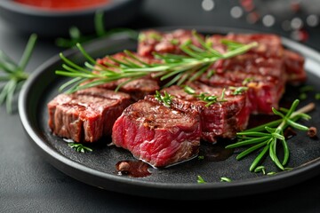 Fototapeta premium Black plate with beef cuts