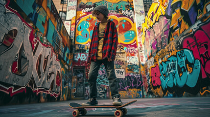 Obraz na płótnie Canvas Youthful portrait of a teenager with skateboard, casual streetwear, colorful graffiti background