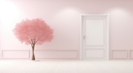 A Room With a Door and a Pink Tree, Serene Space With a Nature Touch