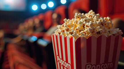 Striped popcorn box filled with popcorn is in focus in the foreground