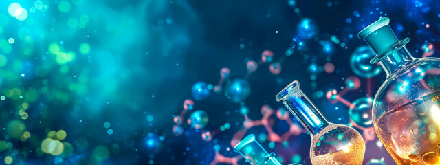  Science concept with laboratory flasks and molecular structures in a vibrant, glowing composition. - obrazy, fototapety, plakaty