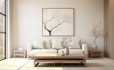 Fototapeta na wymiar Modern Living Room With White Couch and Coffee Table