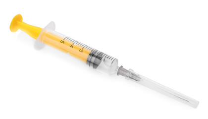 Disposable syringe with needle and medicine isolated on white