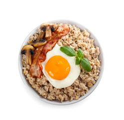 Tasty boiled oatmeal with fried egg, mushrooms and bacon isolated on white, top view