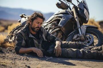Fototapeta premium a motorcyclist on the road and his motorbike crashes laid next to him