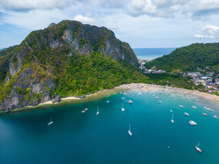 Philippines Aerial View. El Nido Town and Beach. Palawan Tropical Landscape. El Nido, Palawan, Philippines. Southeast Asia.