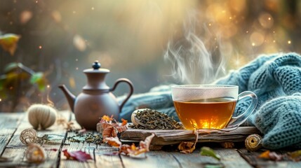 steaming cup of Earl Grey tea sits on a rustic wooden table, surrounded by loose tea leaves, a vintage teapot, and a cozy knitted blanket