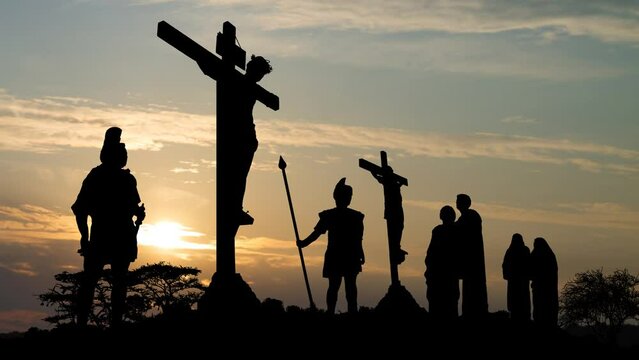 Bible Scene of Jesus Christ Crucifixion on Mount Calvary, Time Lapse at Sunrise with Colorful Clouds, Religion and Christianity Concept