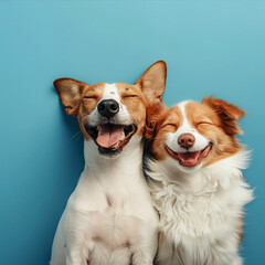 Canine Bliss: Happy Dogs Posing Against a Blue Backdrop - Generative AI