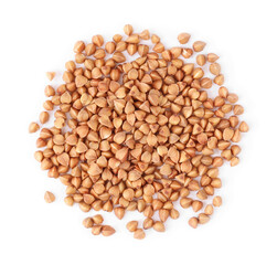 Many dry buckwheat grains isolated on white, top view